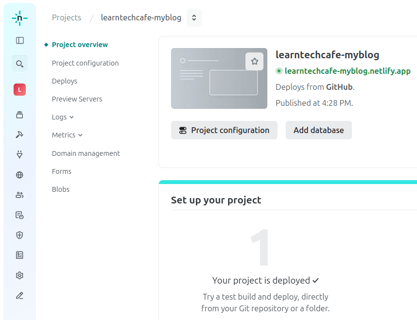 Project dashboard showing a new, live blog hosted on Netlify.